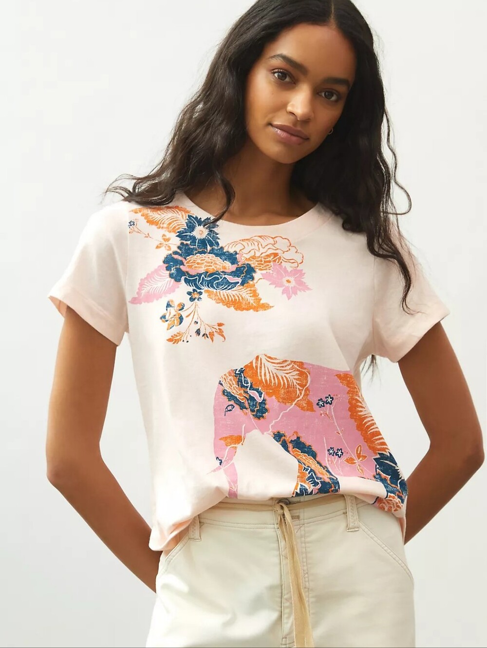 Maeve by Anthropologie Elephant Graphic Tee XS Floral 100% Cotton Short Sleeve
